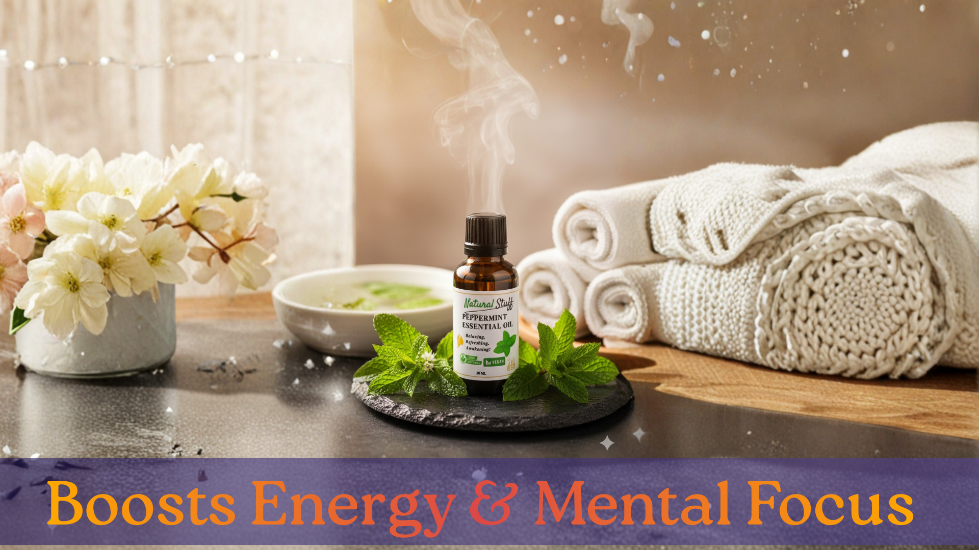 Essential oil bottle with flowers and towels on a table, text 'Boosts Energy & Mental Focus' at the bottom.