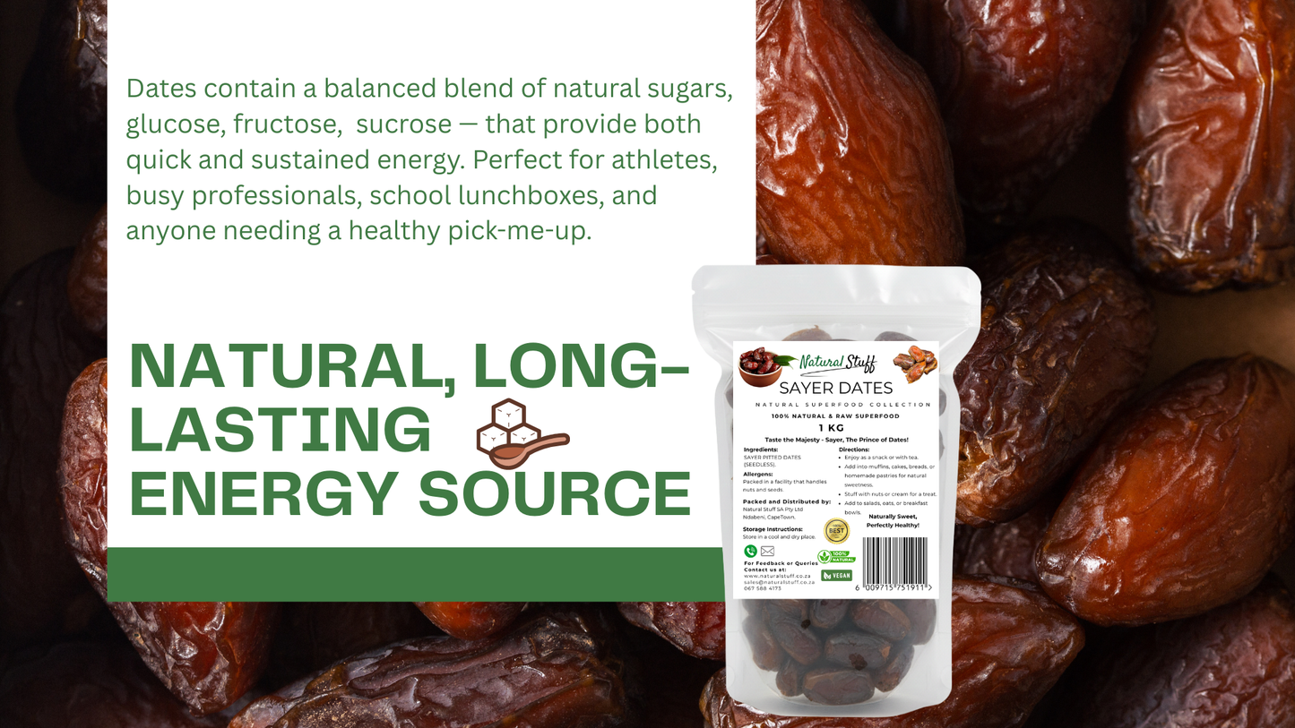 Bag of dates with a label and text about energy source on a background of dates.