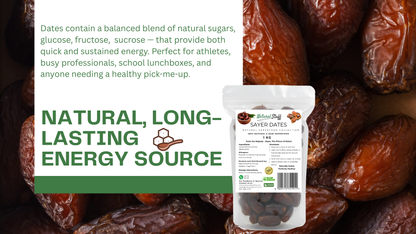 Bag of dates with a label and text about energy source on a background of dates.
