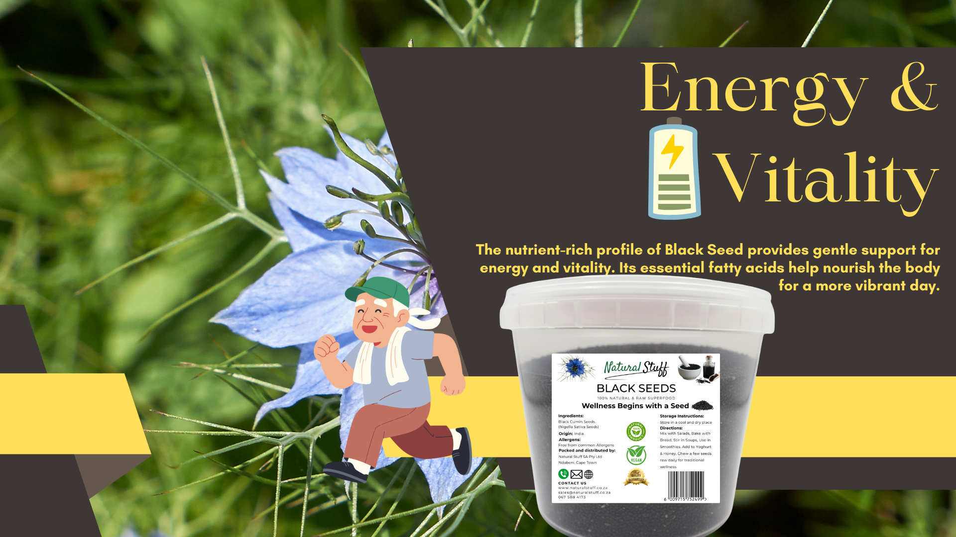 Container of black seeds with a fairy character and promotional text about energy and vitality.