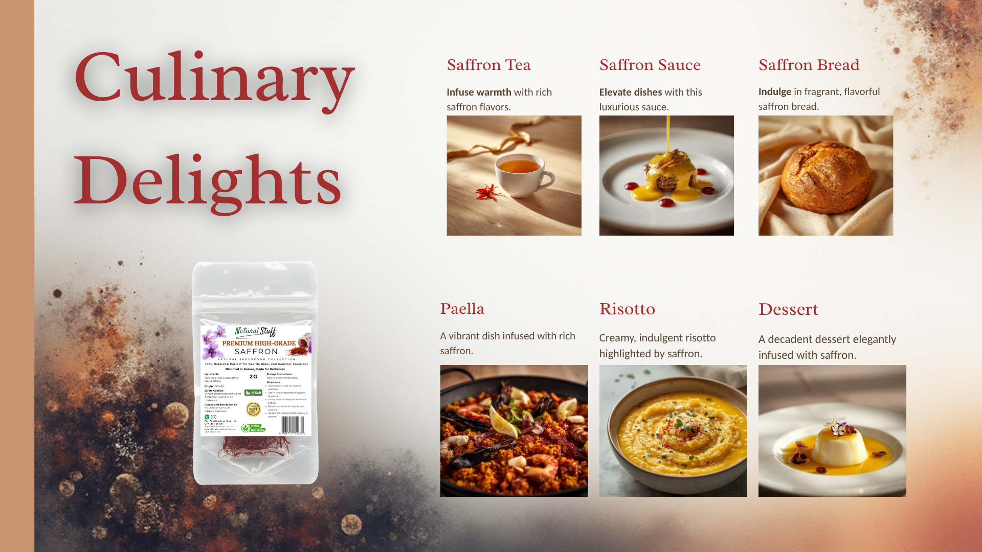 Promotional graphic for 'Culinary Delights' featuring saffron products and recipes.