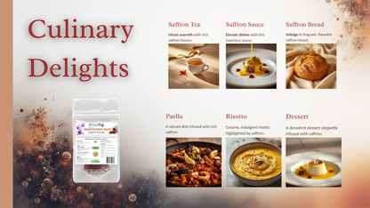 Promotional graphic for 'Culinary Delights' featuring saffron products and recipes.