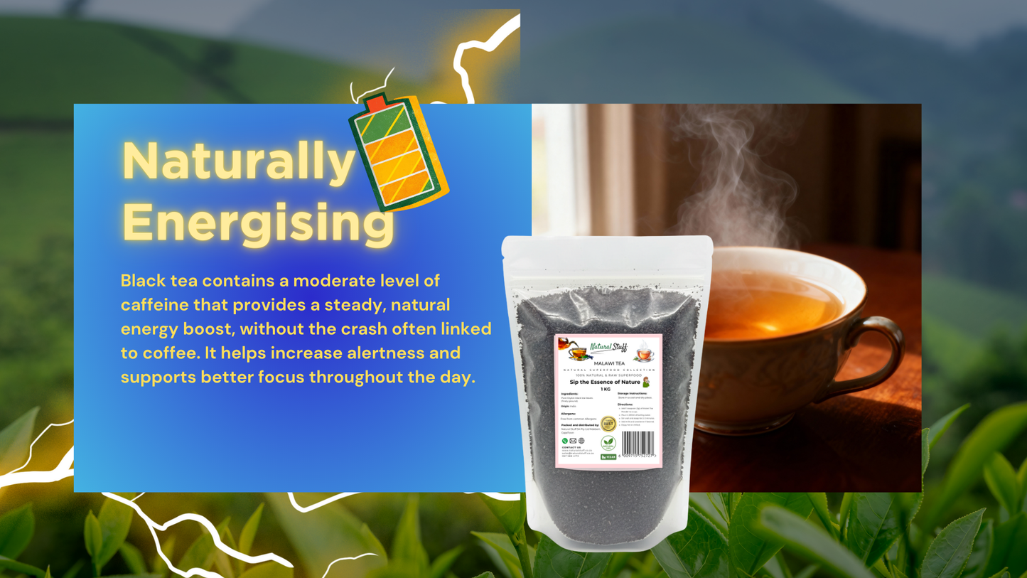Tea packaging with text about black tea's naturally energizing properties.