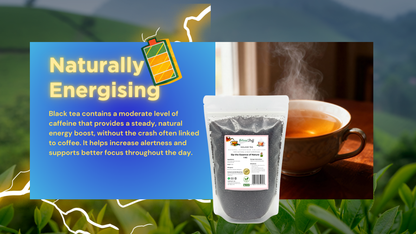Tea packaging with text about black tea's naturally energizing properties.