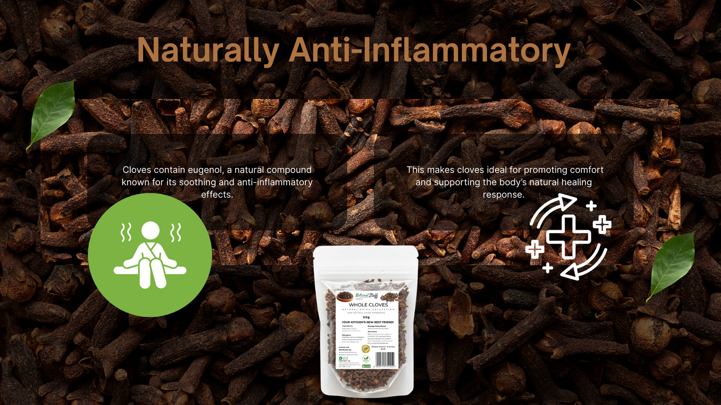 Cloves with a package labeled 'Naturally Anti-Inflammatory' on a dark background