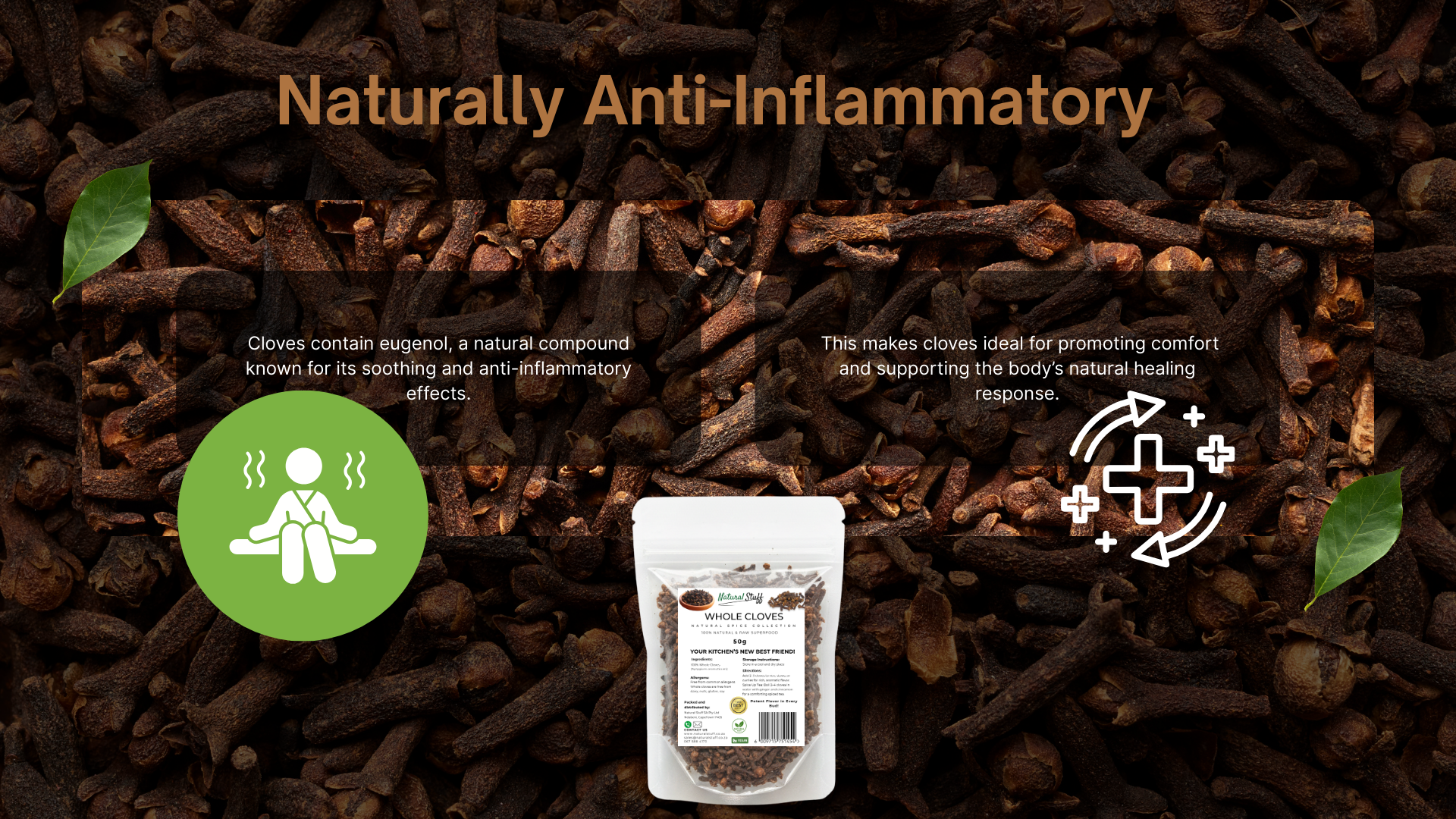 Cloves with a package labeled 'Naturally Anti-Inflammatory' on a dark background