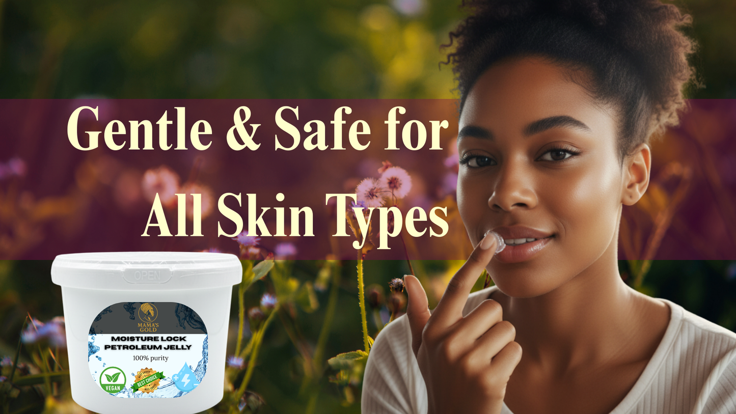 Woman applying cream with a product container labeled 'Gentle & Safe for All Skin Types' against a natural background.