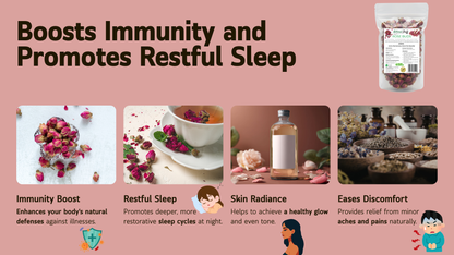 Product packaging with text on boosting immunity, promoting restful sleep, and other health benefits on a pink background.