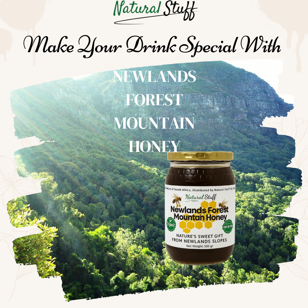 Jar of Newlands Forest Mountain Honey with a scenic background