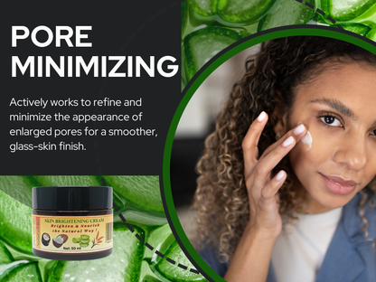 Promotional image of a skin care product with a woman applying cream and text about pore minimizing.