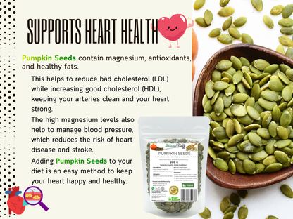 Promotional image of pumpkin seeds with text about heart health benefits and a package of pumpkin seeds.