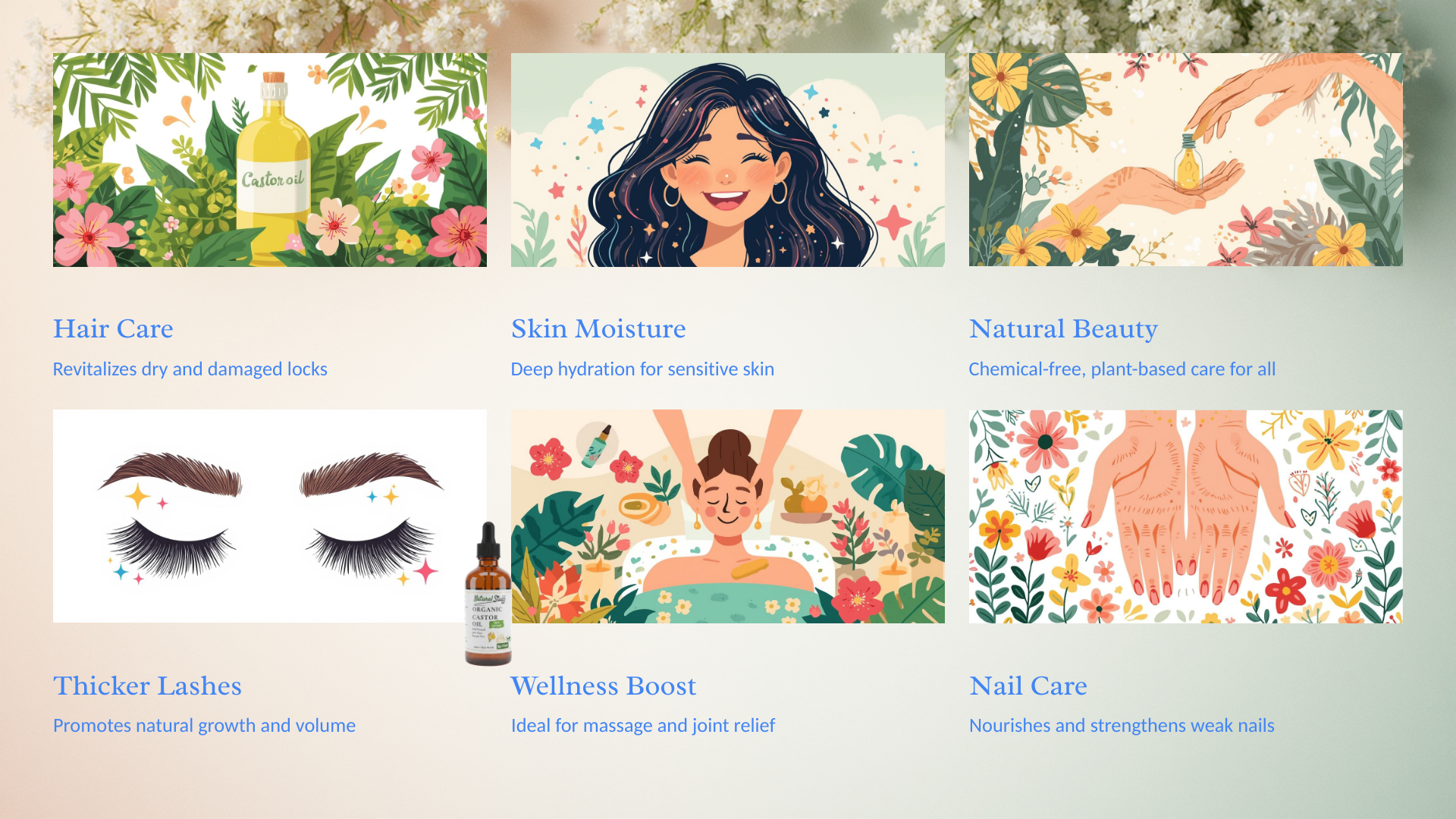 Illustrated product categories with images and text on a floral background