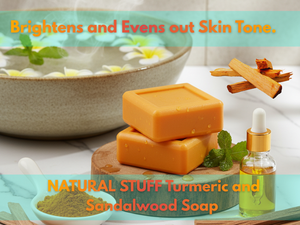 Turmeric and sandalwood soap with a bowl of water and cinnamon sticks on a light background.