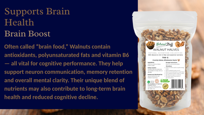 Packaged walnut halves with a label on a wooden surface, text about brain health benefits.