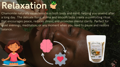 Promotional image for chamomile with a person meditating, text about relaxation, and a product packaging.
