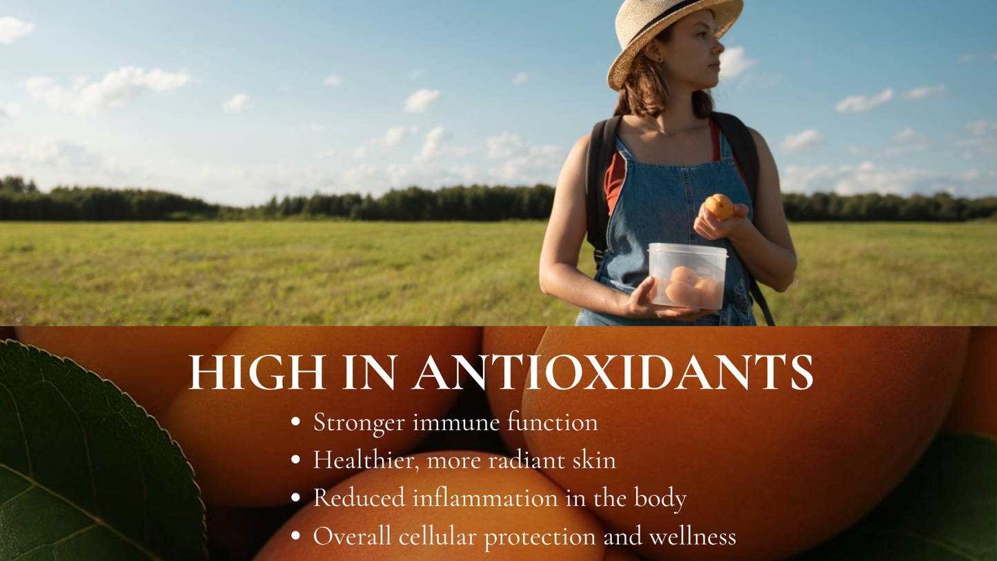Woman holding a container of food in a field with text about antioxidants.