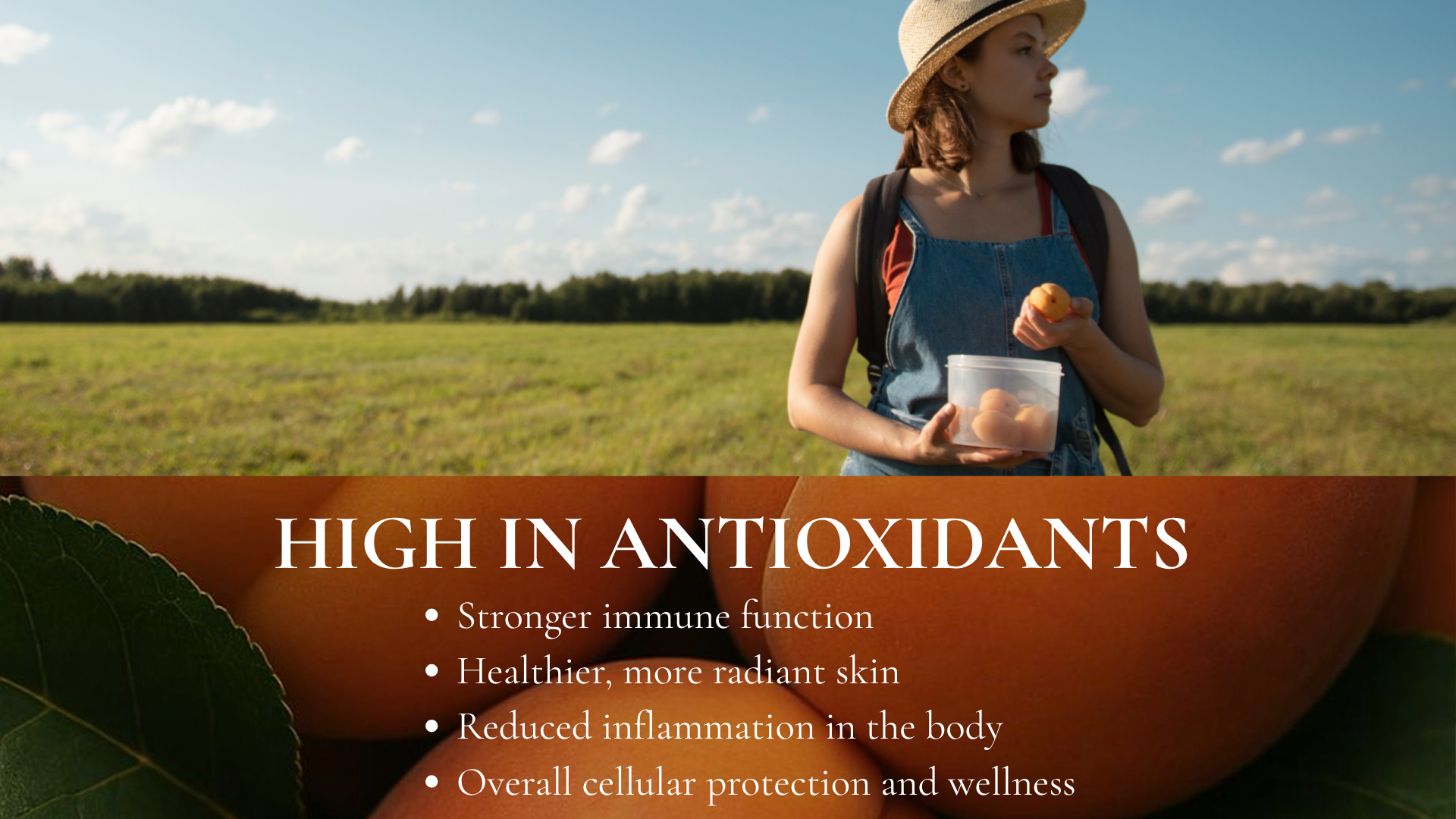 Woman holding a container of food in a field with text about antioxidants.