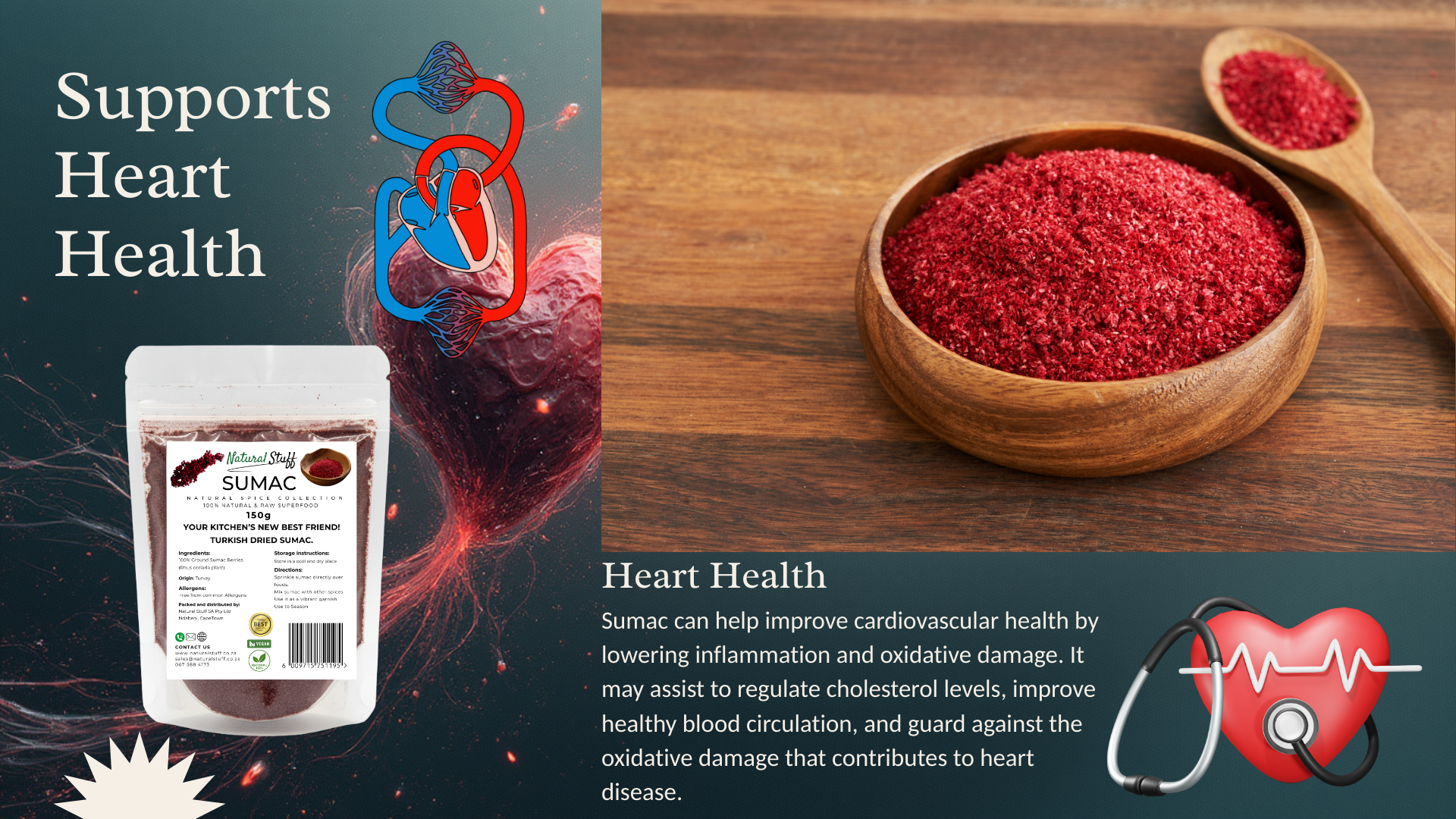 Product packaging of SUMAS with red powder in a wooden bowl on a wooden surface, labeled for heart health support.
