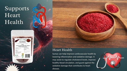 Product packaging of SUMAS with red powder in a wooden bowl on a wooden surface, labeled for heart health support.