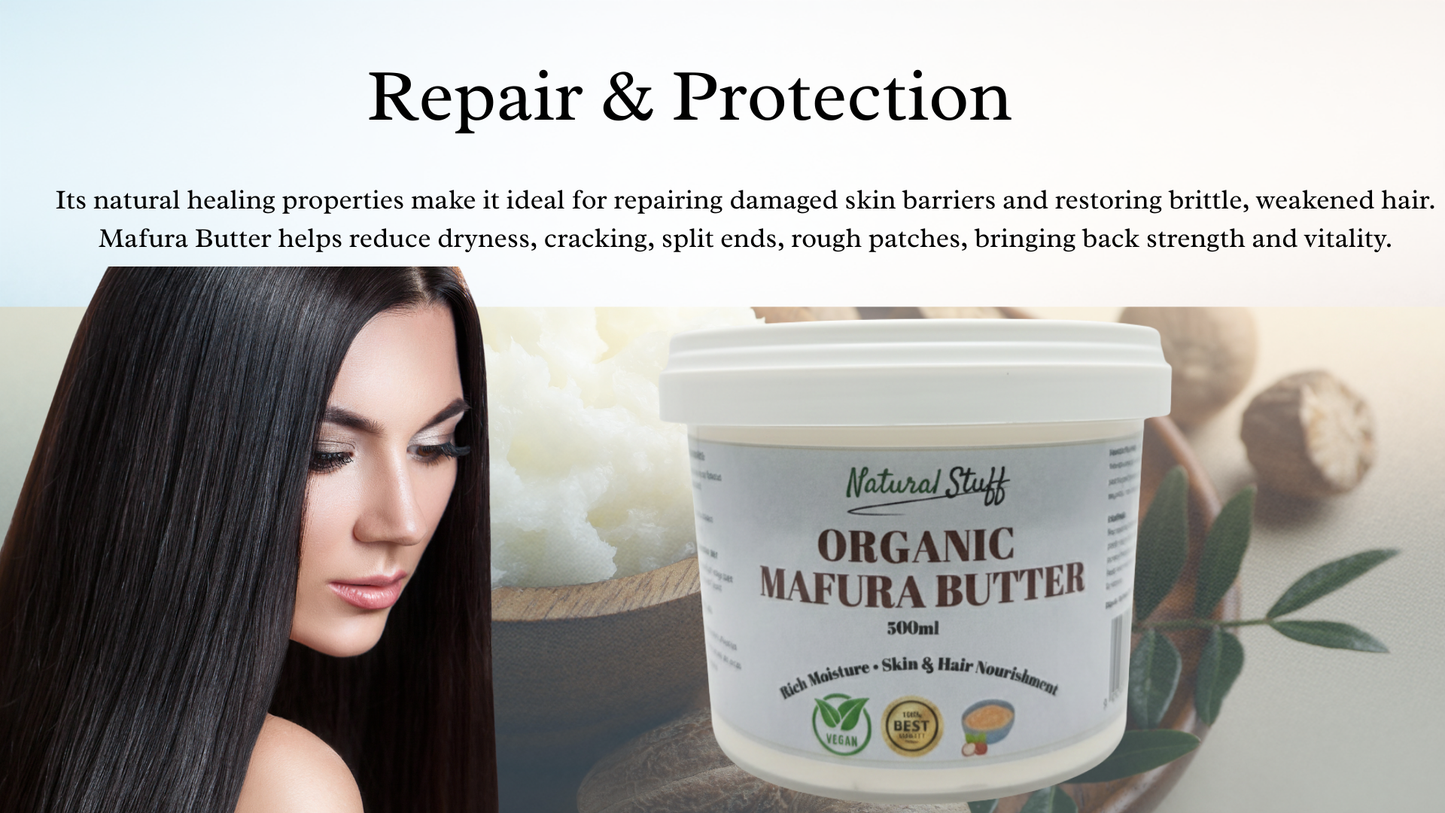 Organic Mafura Butter container with a woman and text about its benefits