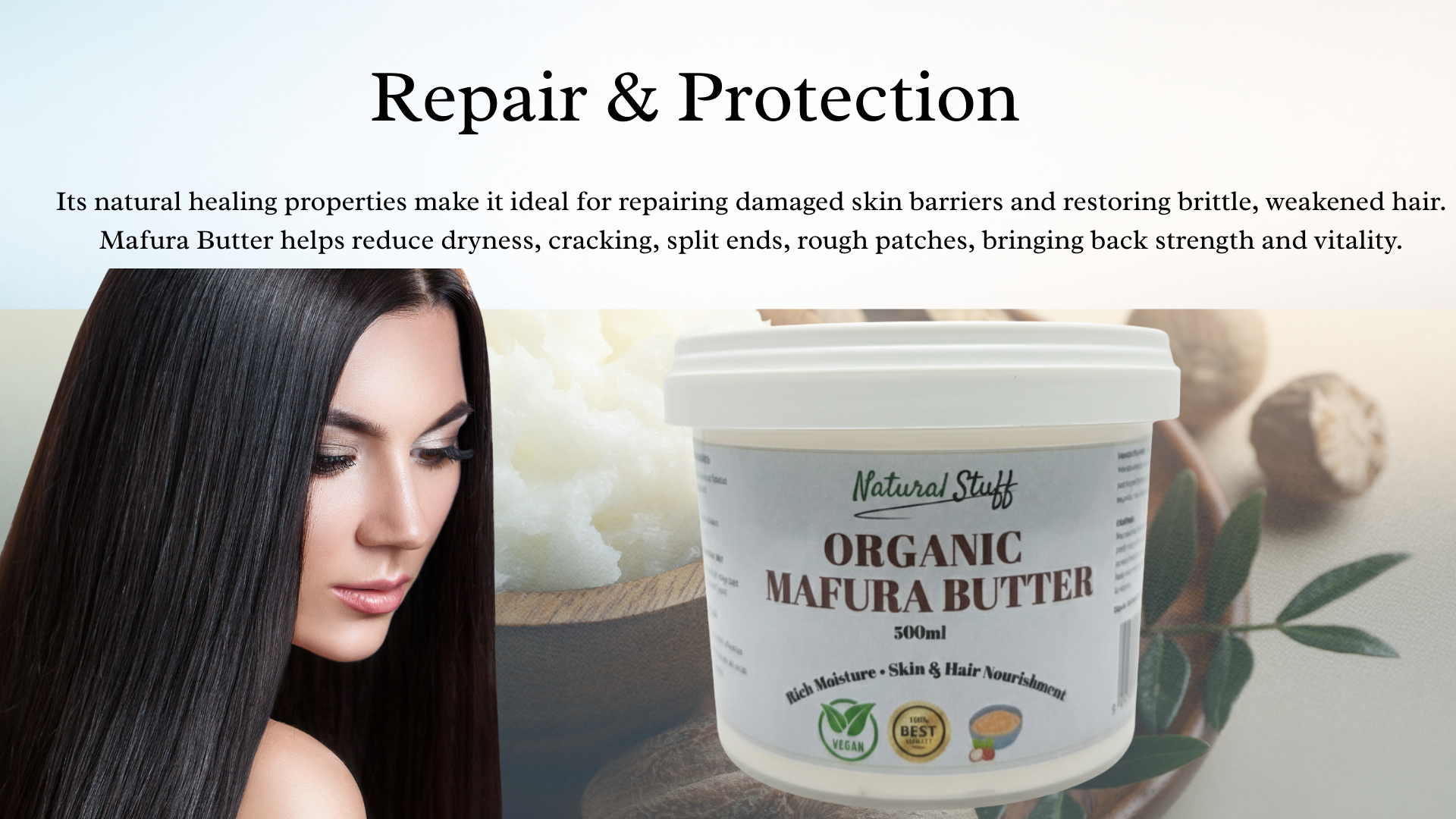 Organic Mafura Butter container with a woman and text about its benefits