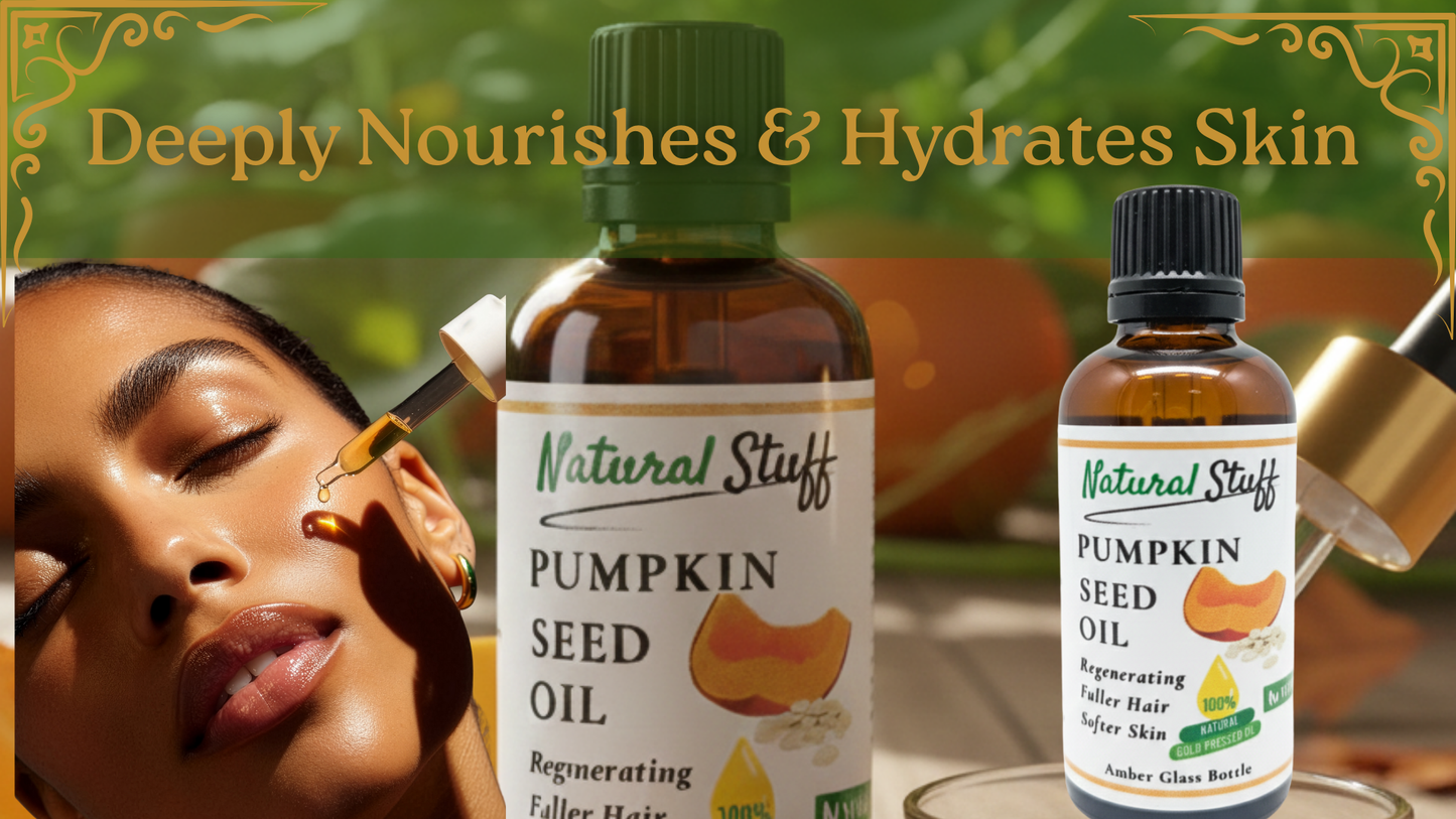 Two bottles of Natural Stuff Pumpkin Seed Oil with a woman applying it to her face.