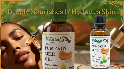 Two bottles of Natural Stuff Pumpkin Seed Oil with a woman applying it to her face.