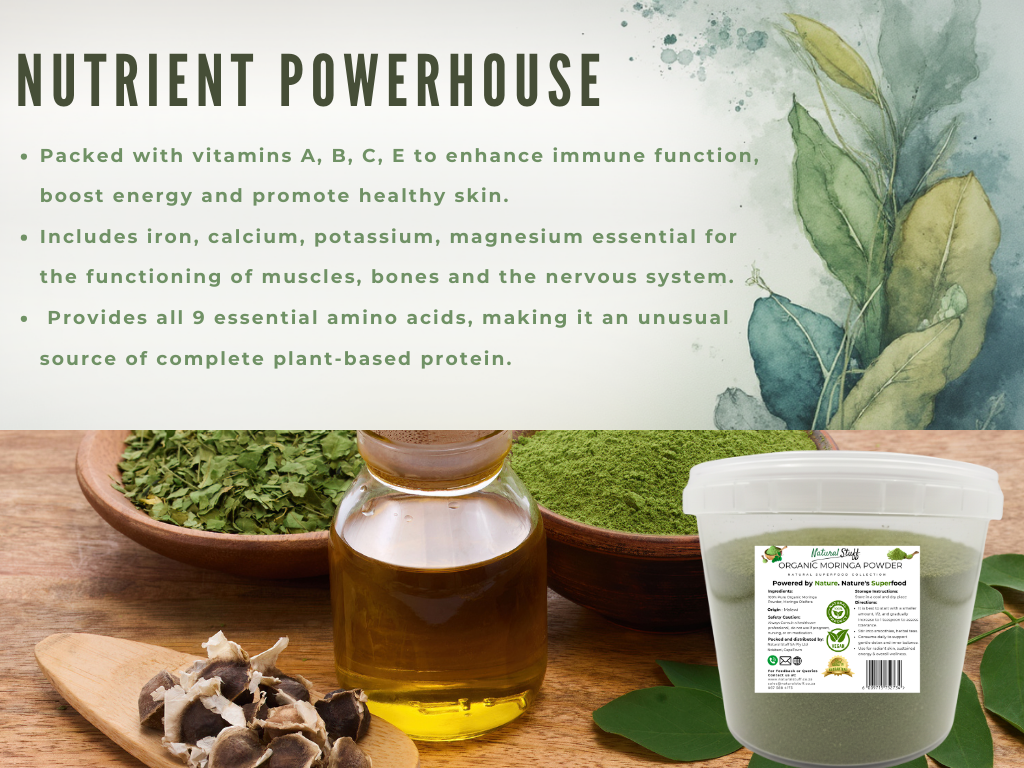 Product display with ingredients and text about nutritional benefits on a wooden surface.