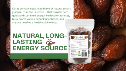 Packaged dates with text about their energy benefits and natural properties.
