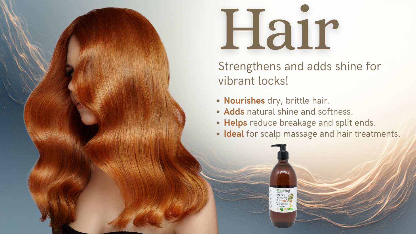 Hair product advertisement with a bottle and text on a gray background