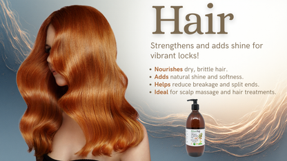 Hair product advertisement with a bottle and text on a gray background
