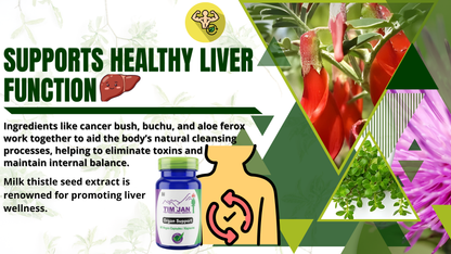 Supplement bottle with herbs and text about supporting healthy liver function on a green background