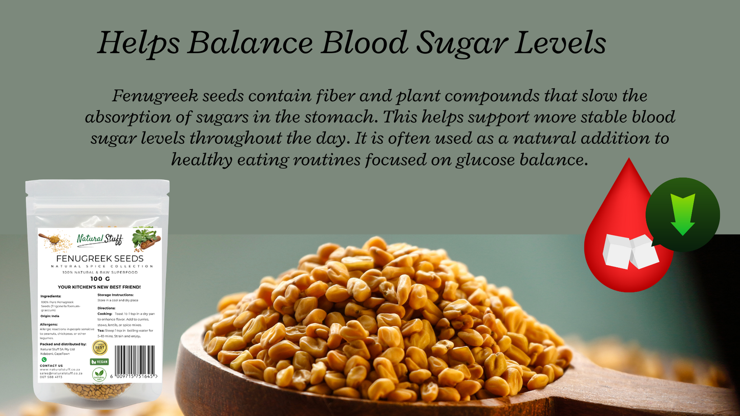 Fenugreek seeds in a wooden bowl with a package and text about balancing blood sugar levels.