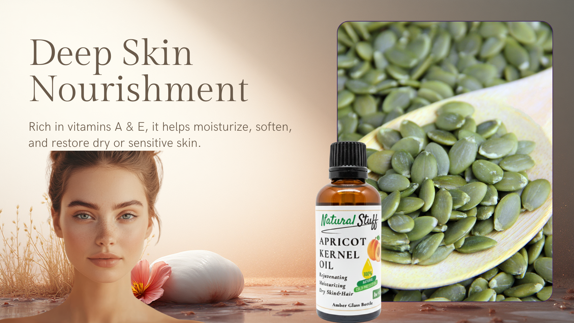Apricot kernel oil bottle with seeds and a woman's face, promoting deep skin nourishment.