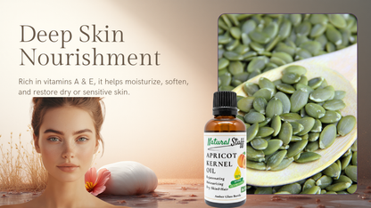 Apricot kernel oil bottle with seeds and a woman's face, promoting deep skin nourishment.