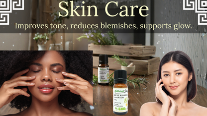 Advertisement for skin care products with two women and a table with bottles and plants.