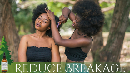 Two women with natural hair outdoors, with a bottle of hair product labeled 'Reduce Breakage'.