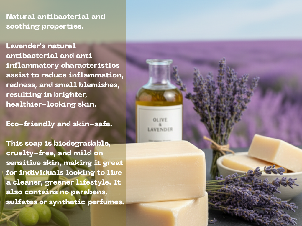 Olive Lavender soap with bottle and lavender flowers against a lavender field background