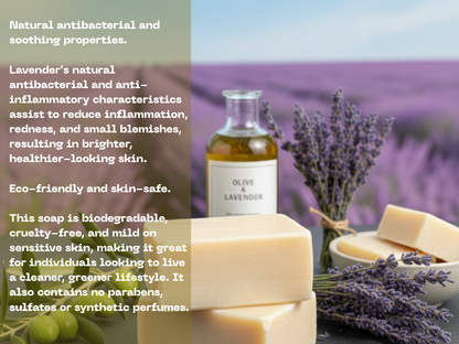 Olive Lavender soap with bottle and lavender flowers against a lavender field background
