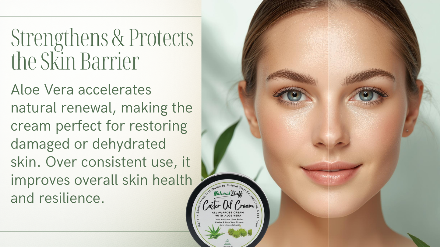 Woman's face with aloe vera cream and product description text on a white background