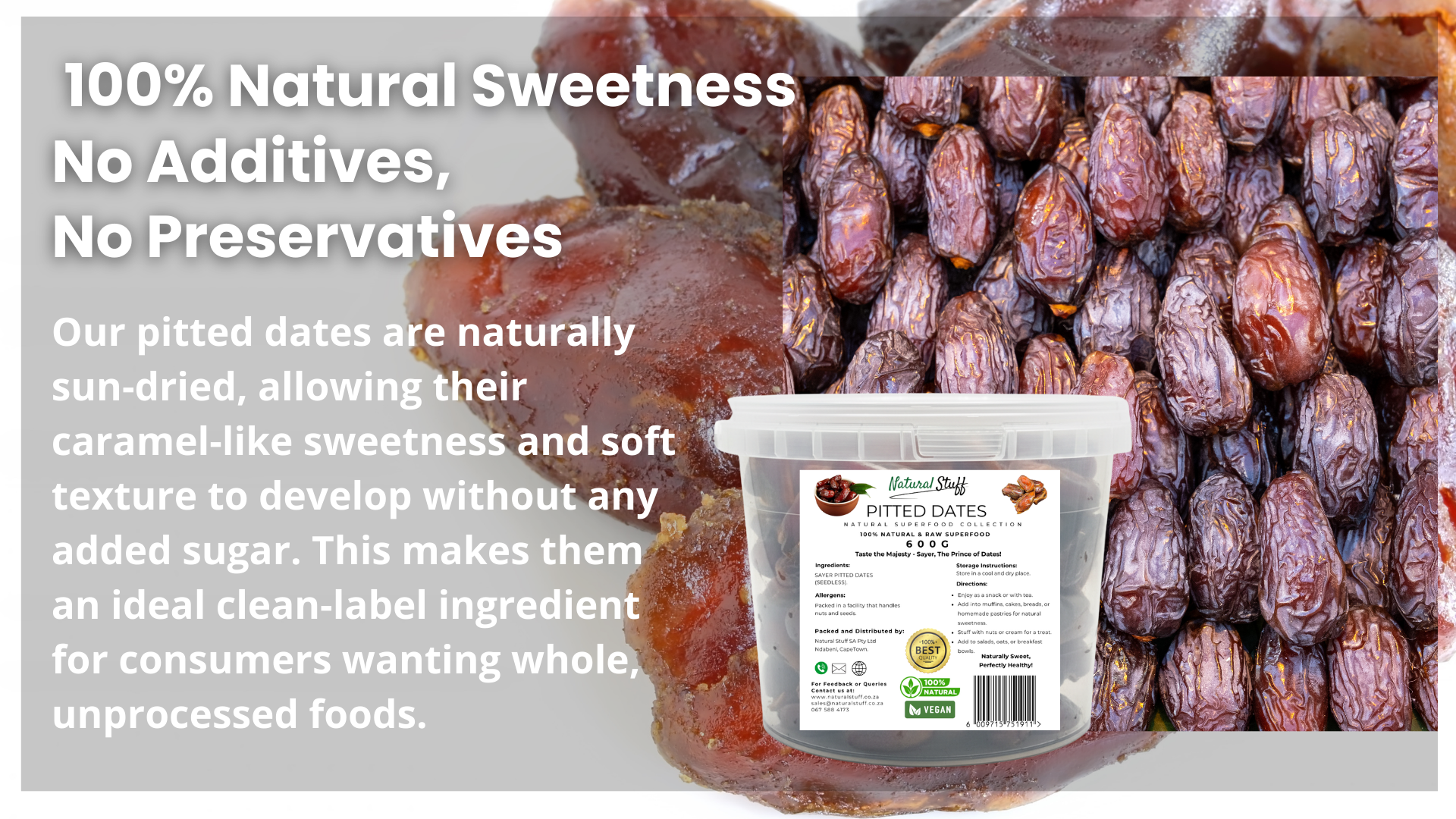Pitted dates with a container labeled 'Natures Best' on a white background