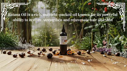 Batana Oil bottle with ingredients on a wooden surface with a natural background