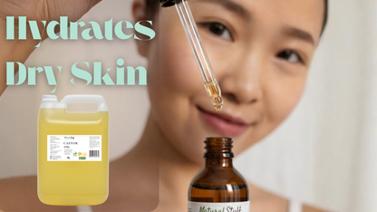 Woman applying oil to her face with text 'Hydrates Dry Skin' and product images of a yellow bottle and brown dropper bottle.