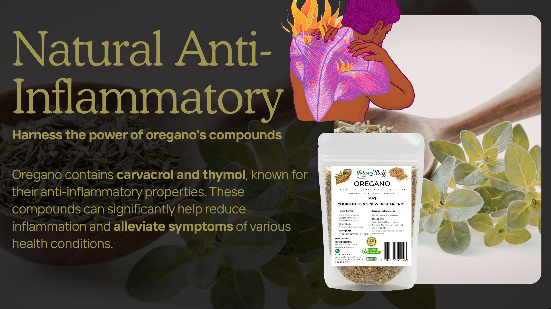 Oregano packaging with text about natural anti-inflammatory properties on a dark background