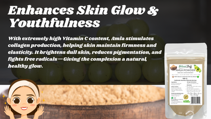 Amla powder packaging with text about skin benefits on a dark background