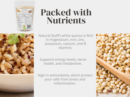 Advertisement for Natural Stuff's white quinoa highlighting nutritional benefits and uses.