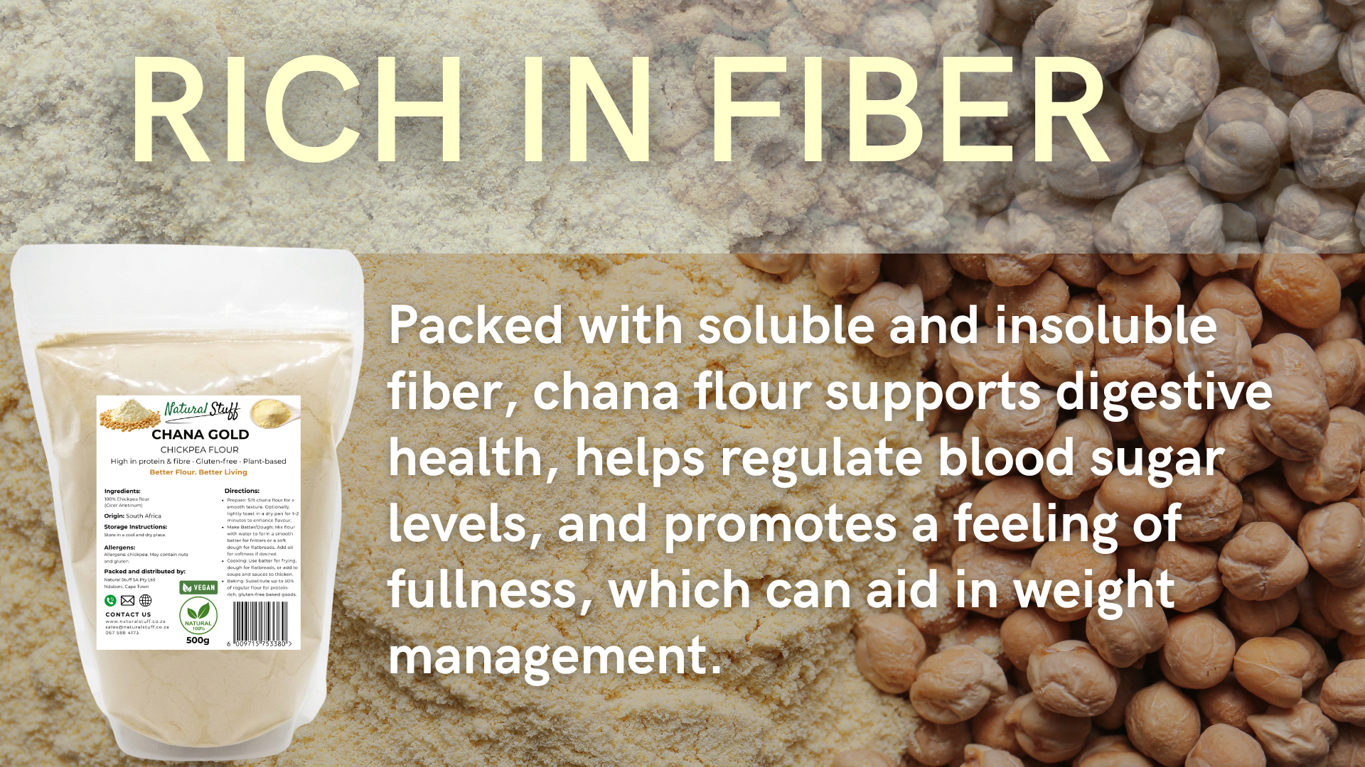 Chana flour packaging with text highlighting fiber benefits on a stone background