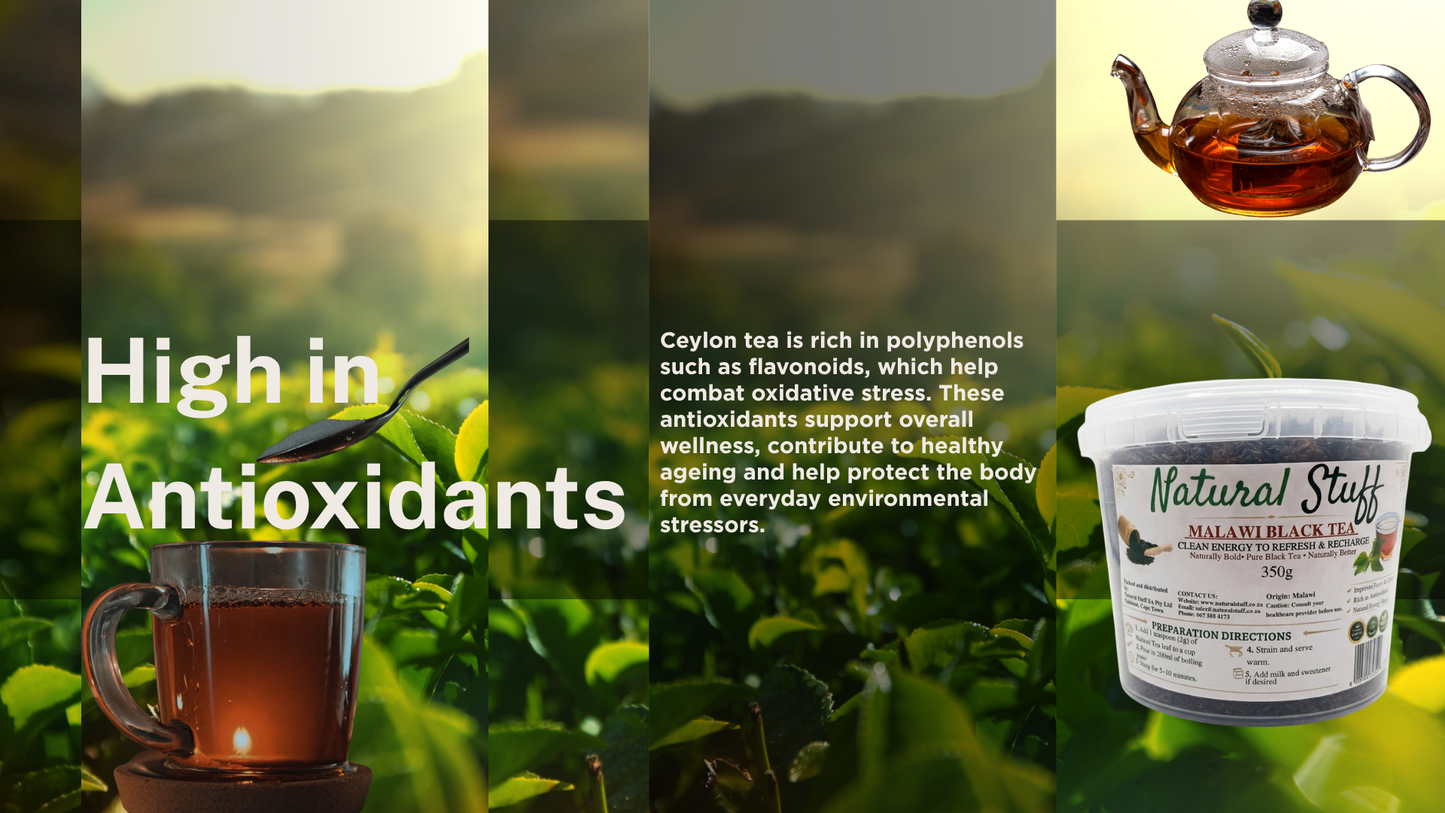 Tea packaging with text about antioxidants and tea benefits, set against a blurred tea plantation background.