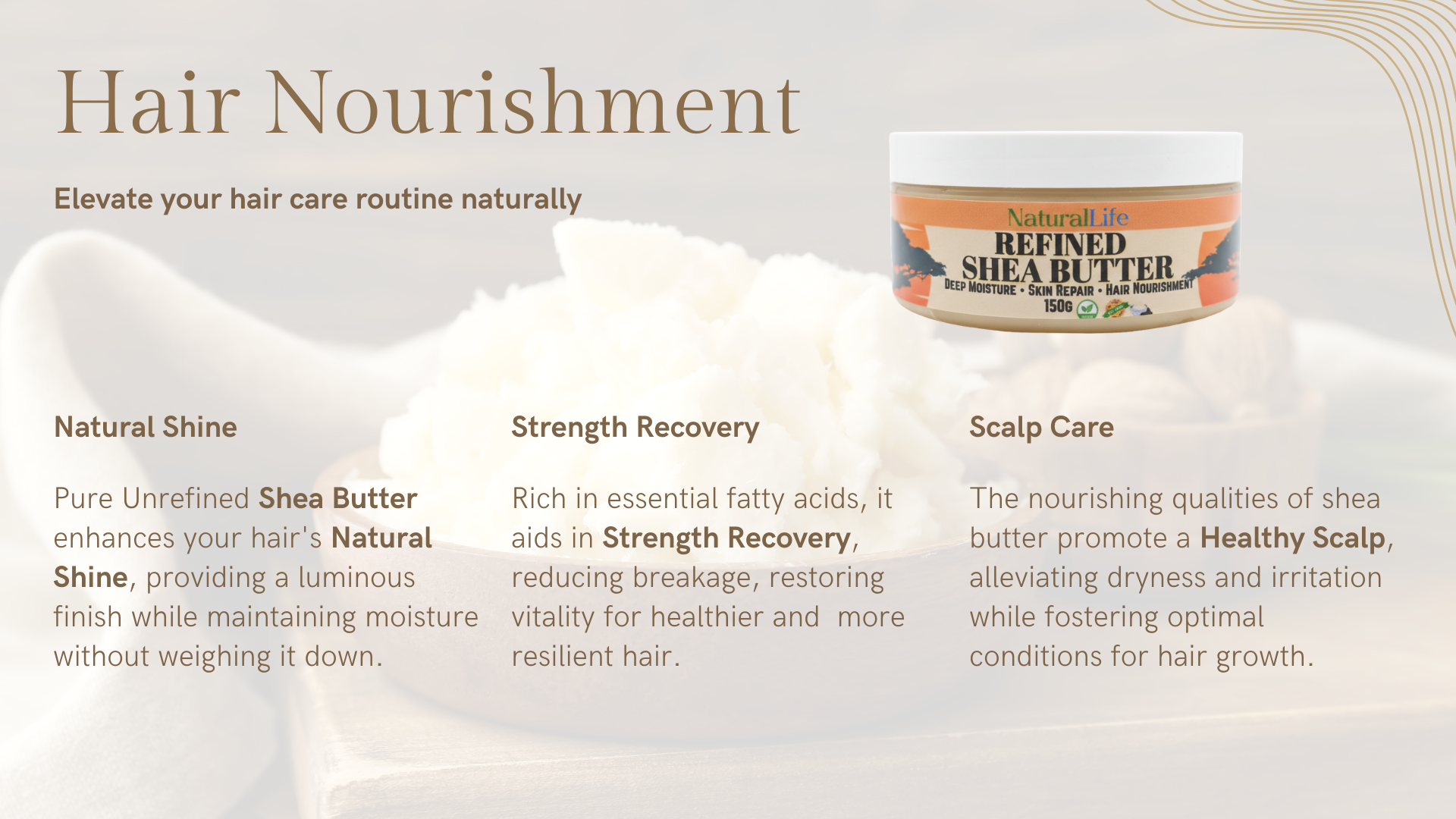 Refined shea butter container with text on hair nourishment benefits