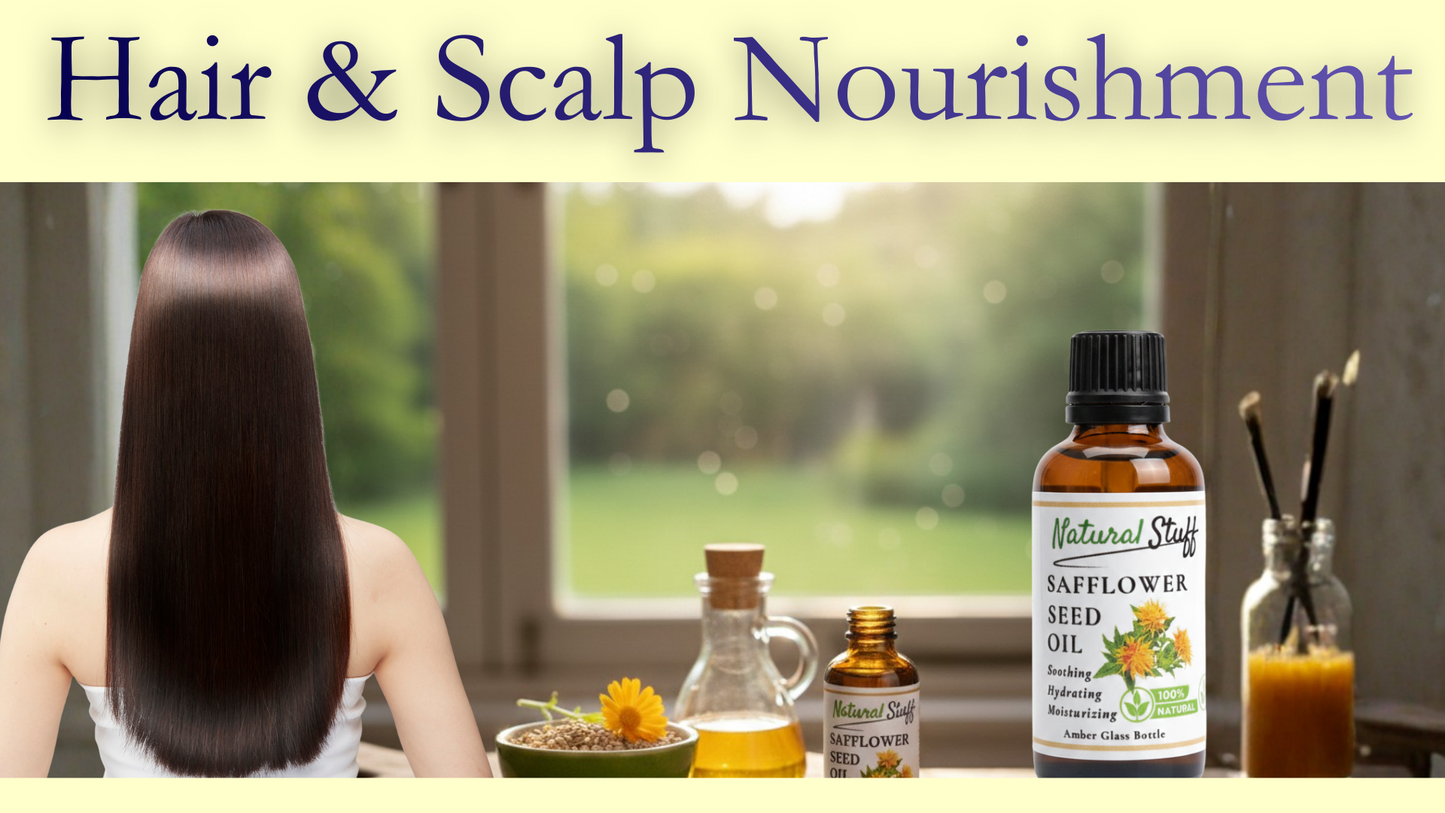 Hair and scalp nourishment with a bottle of safflower seed oil and a woman with long hair.